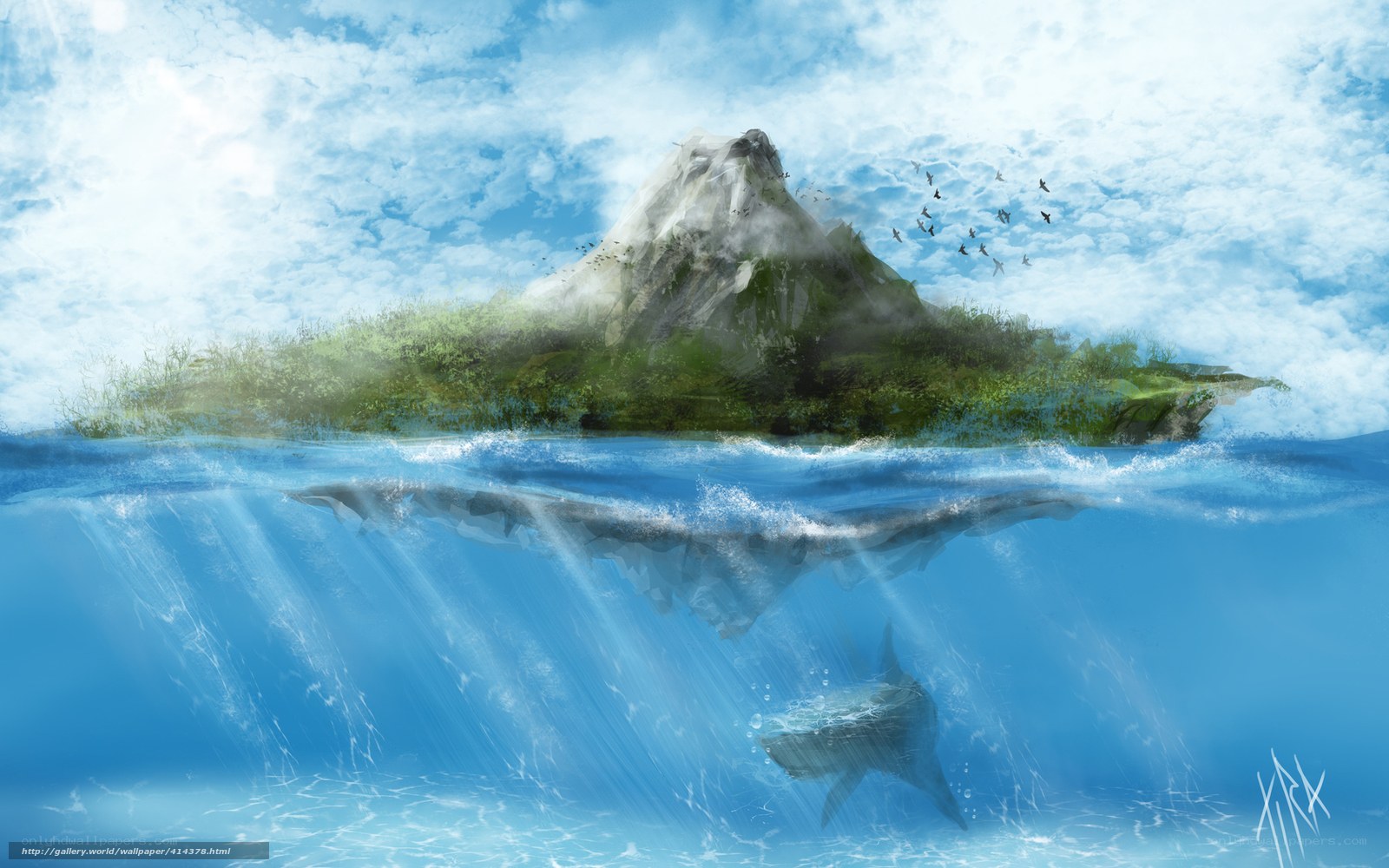 Island with underwater creature