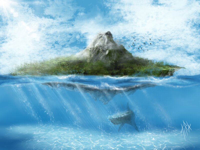 Island with underwater reflection