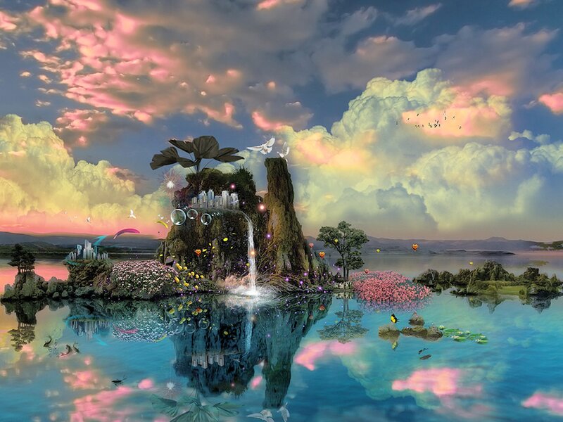 Island with Waterfall — Blue, Dreamy