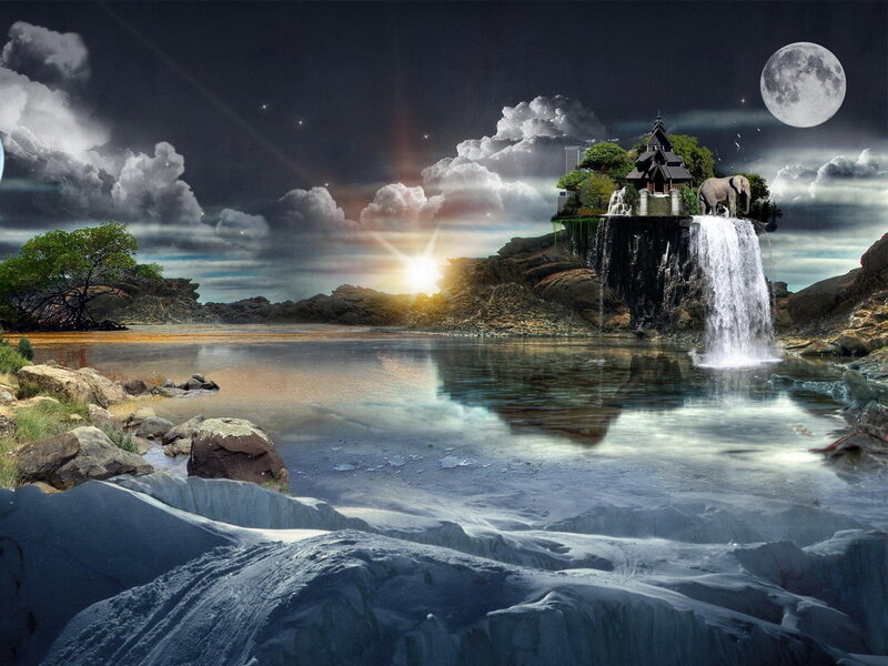 Island with Waterfall — Blue