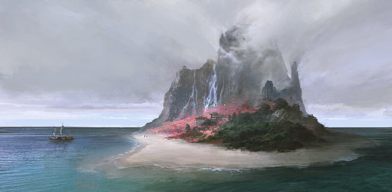 Island with Waterfall — Gray