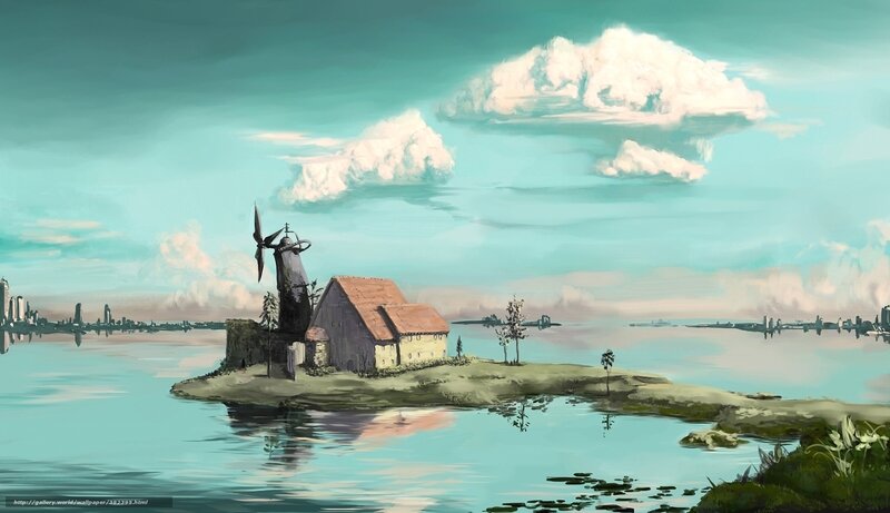 Island with windmill and house