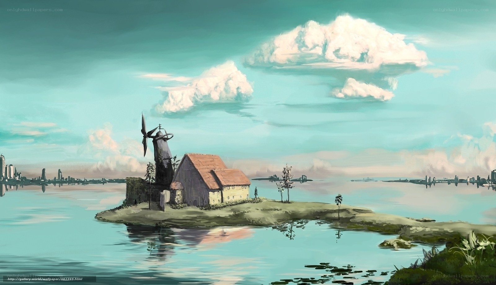 Island with windmill and house