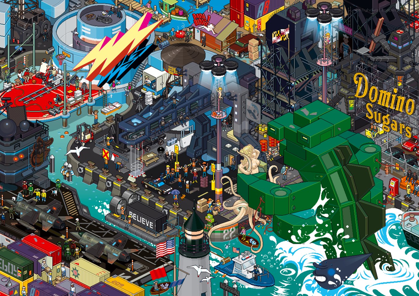 Isometric city scene with octopus