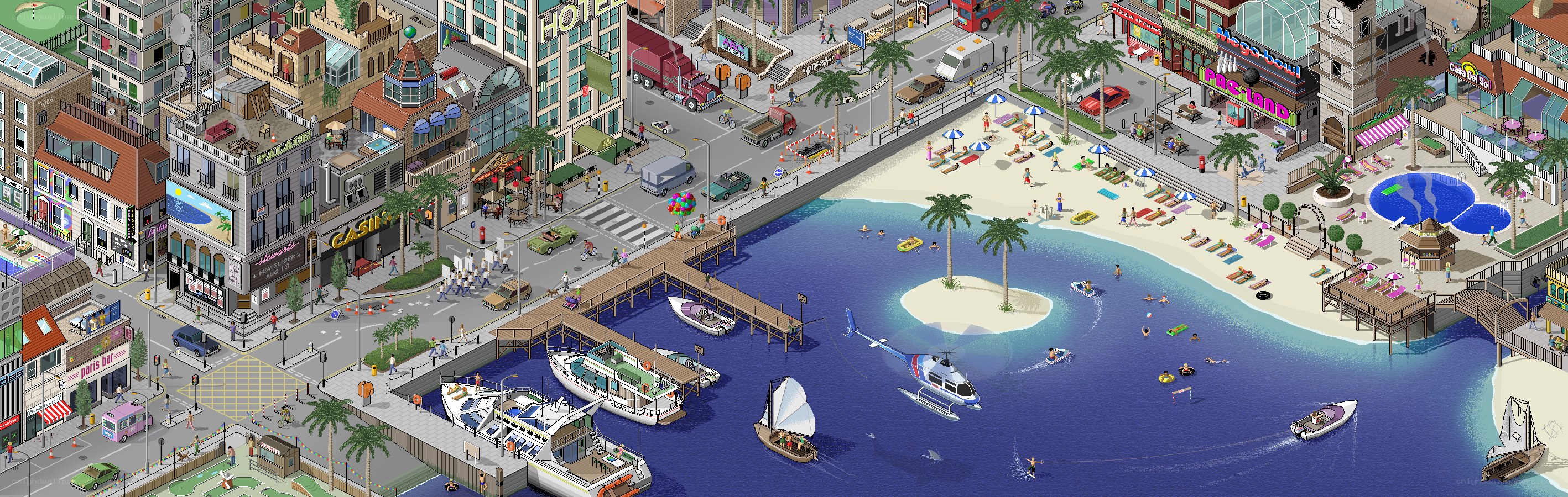 Isometric city waterfront scene