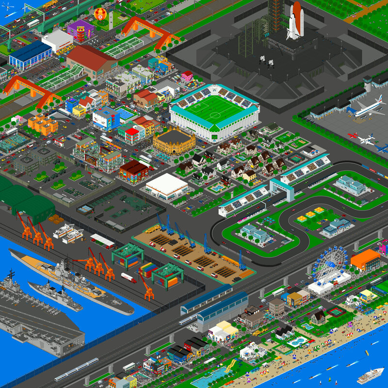 Isometric cityscape with port and stadium