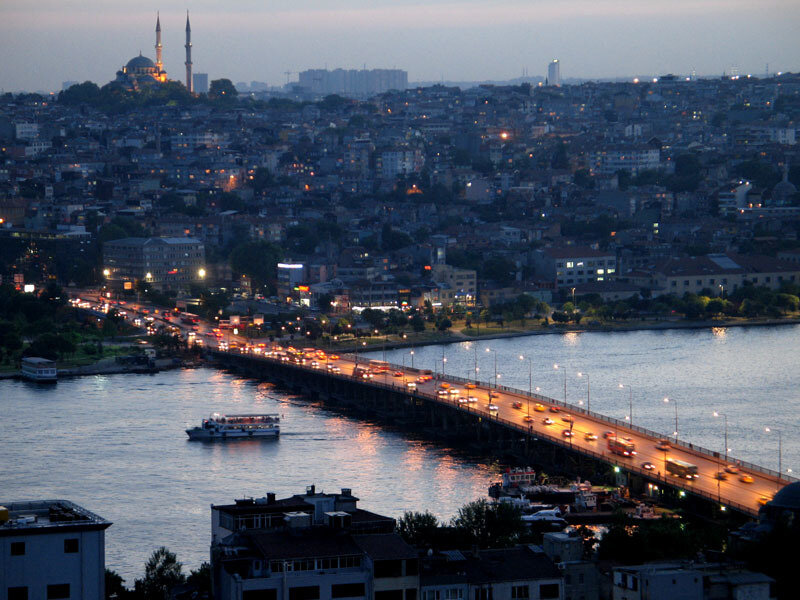 Istanbul at dusk with bridge and mosque