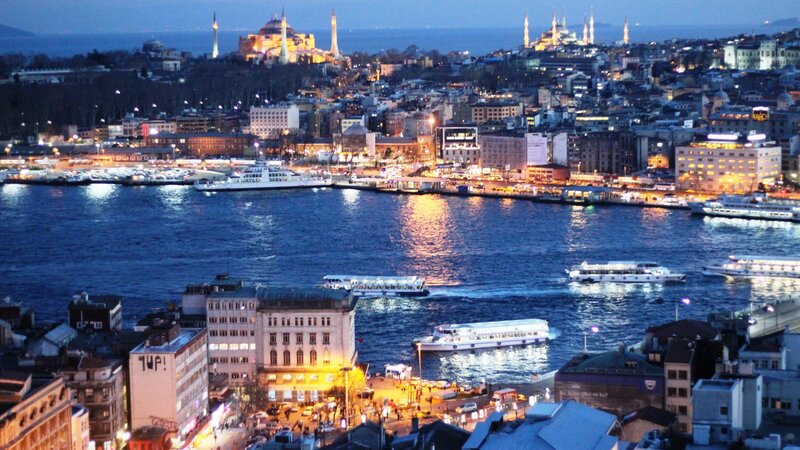 Istanbul at dusk with historic landmarks