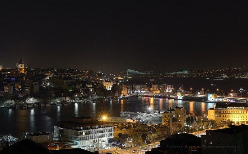 Istanbul at night with Galata Bridge