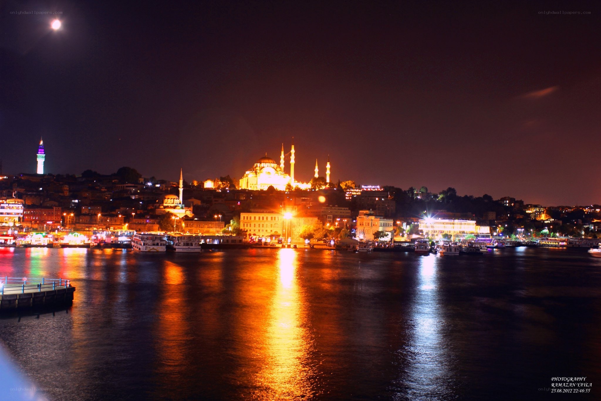 Istanbul at night with moon