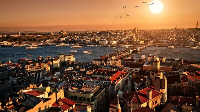 Istanbul Cityscape at Sunset — Orange, Serene, Photograph, Birds, Boats, Bridge, Brown, Blue