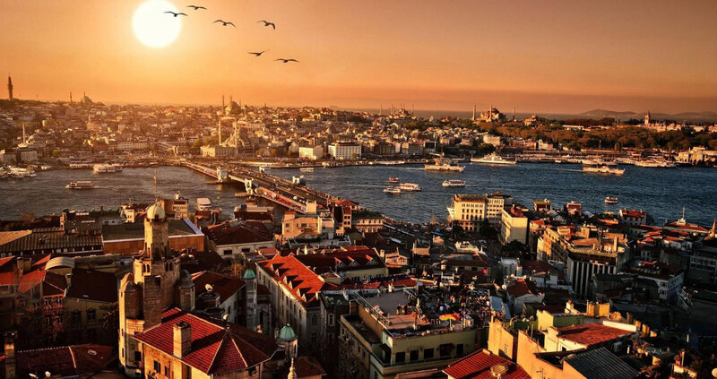 Istanbul Cityscape — Orange, Serene, Sunset, Photograph, Boats