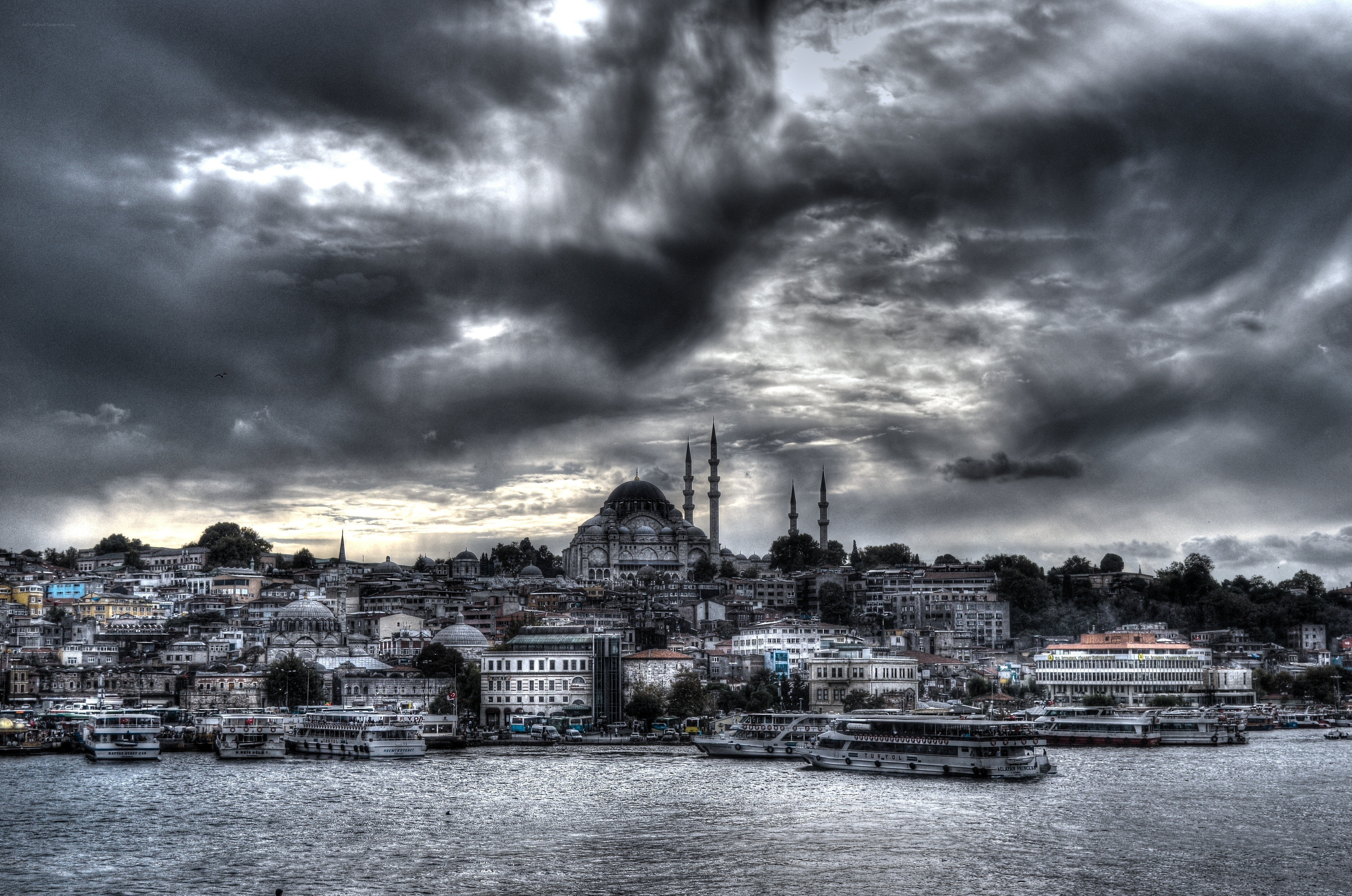Istanbul skyline under stormy sky