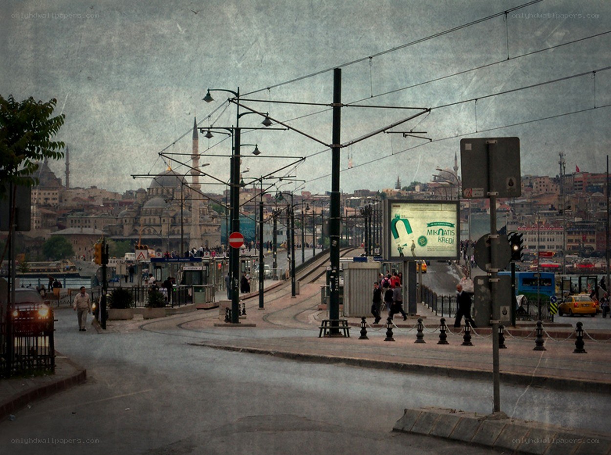 Istanbul street scene with tram lines