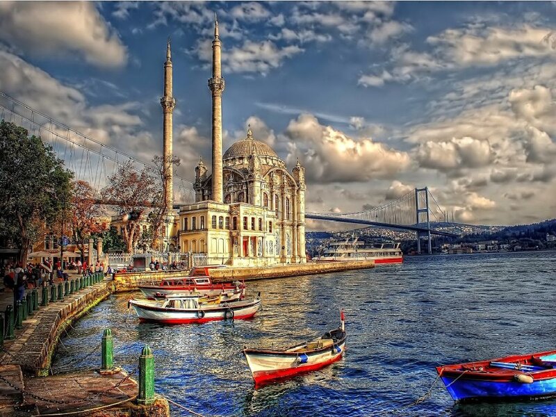 Istanbul waterfront with mosque and bridge