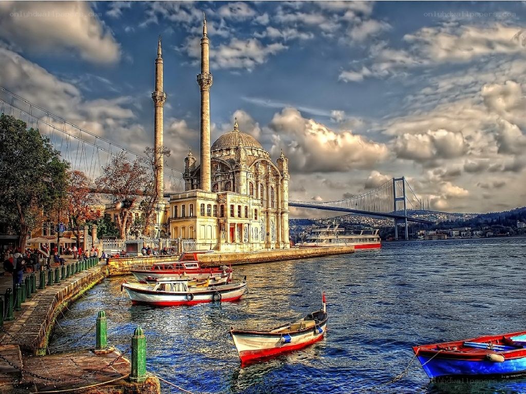 Istanbul waterfront with mosque and bridge