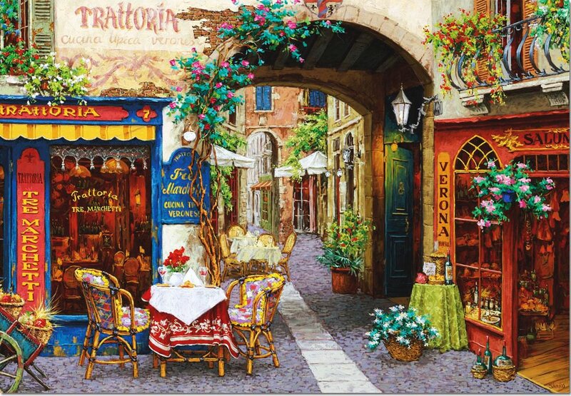 Italian Alleyway Cafe — Red, Vibrant, Afternoon