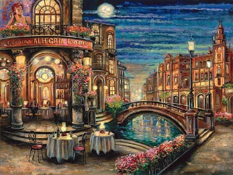 Italian restaurant by canal at night