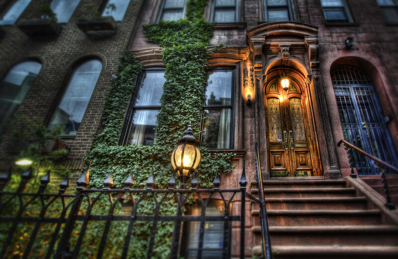 Ivy-covered brownstone entrance