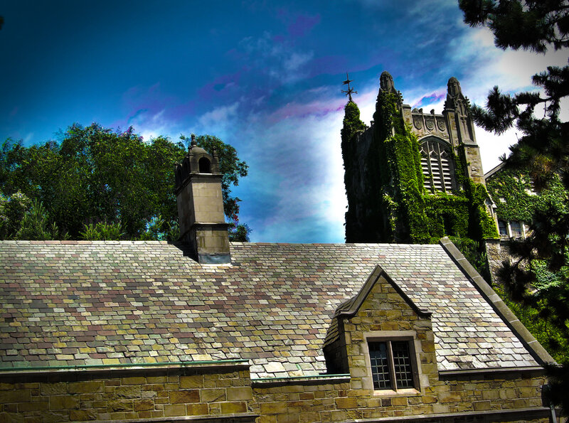 Ivy-covered church tower