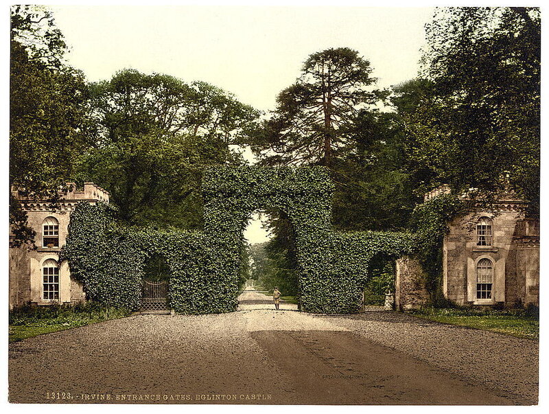 Ivy-covered gates at Eglington Castle