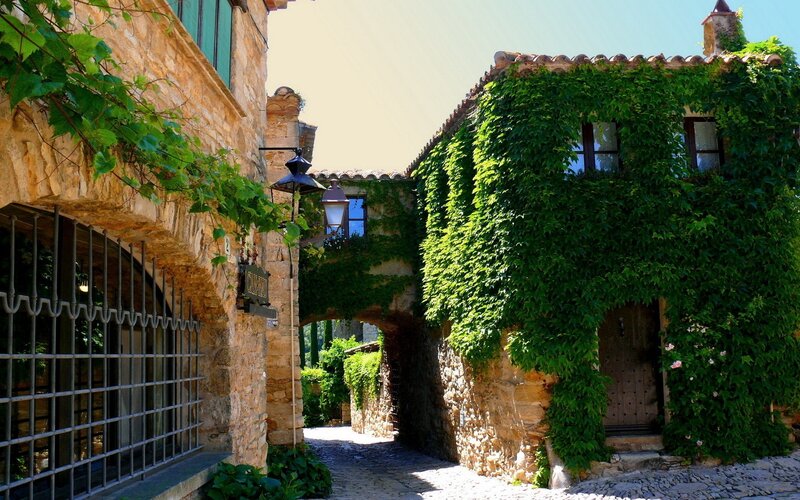 ivy-covered stone alleyway