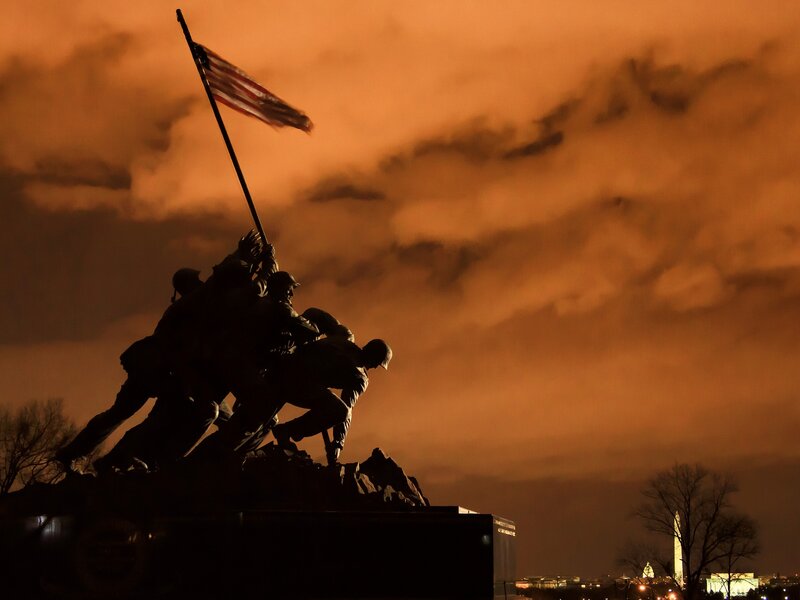 Iwo Jima Memorial Statue — Orange, Dramatic, Night