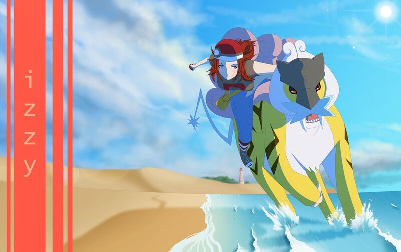 Izzy riding a Digimon