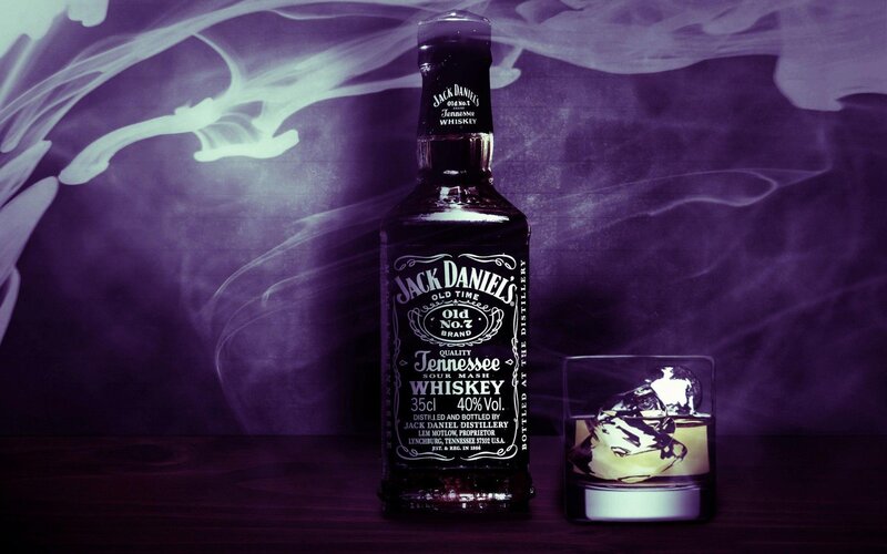 Jack Daniel's Bottle and Glass — Purple, Dramatic, Photograph