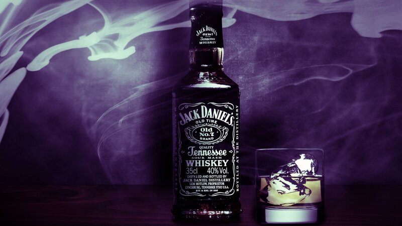 Jack Daniel's Bottle and Glass — Purple, Dramatic, Photograph, Whiskey
