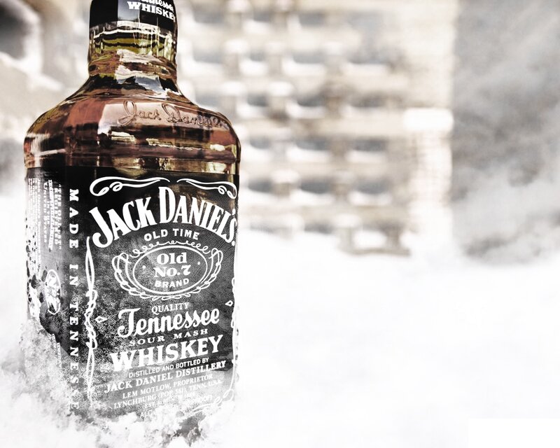 Jack Daniel's bottle in snow