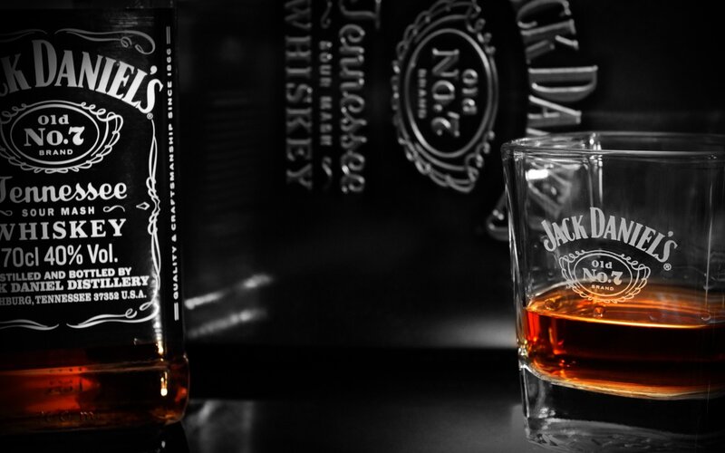 Jack Daniel's whiskey bottle and glass