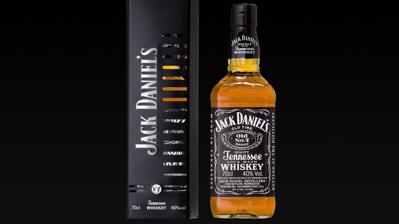 Jack Daniel's Whiskey Bottle — Black, Dramatic, Photograph, Box