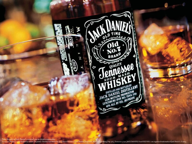 Jack Daniel's Whiskey Bottle — Black, Dramatic, Photograph, Ice Cubes
