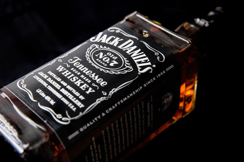 Jack Daniel's Whiskey Bottle — Black, Dramatic, Photograph, Label, Glass