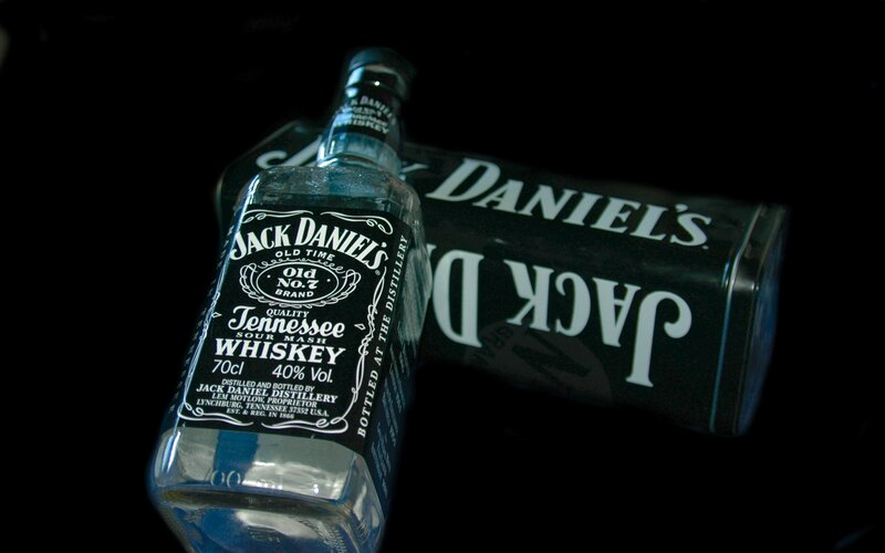 Jack Daniel's Whiskey Bottle — Black, Dramatic, Photograph, Whiskey Bottle, Box