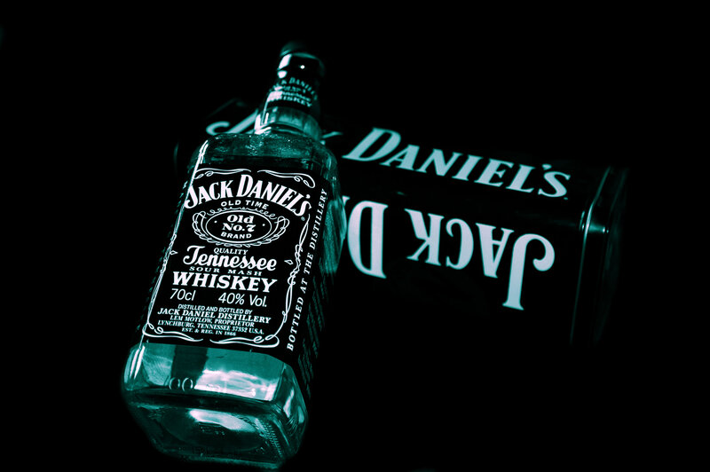 Jack Daniel's Whiskey Bottle — Black, Dramatic, Photograph, Whiskey Bottle