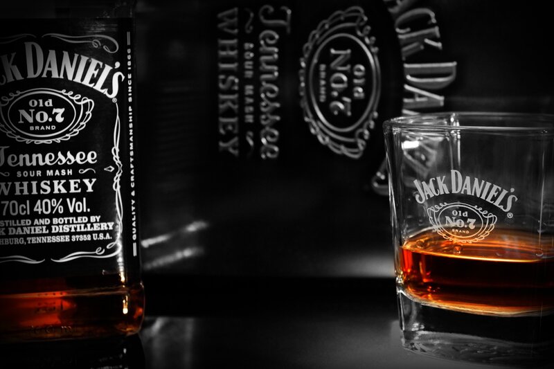 Jack Daniel's Whiskey Bottle — Black, Dramatic, Photograph, Whiskey Glass