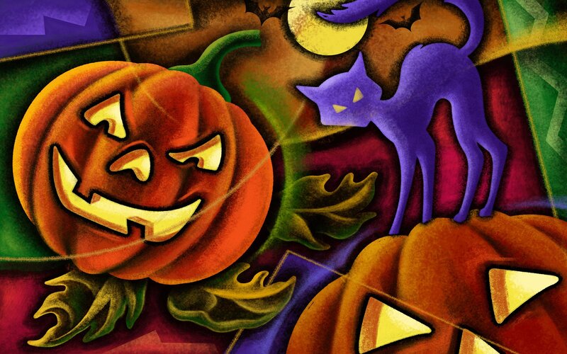 Jack-o'-lantern and Purple Cat
