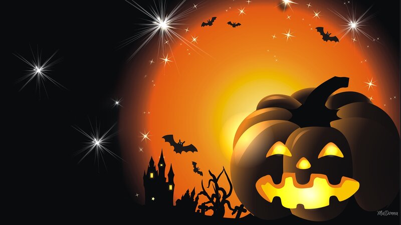 Jack-o'-lantern Pumpkin — Orange, Spooky, Night, Digital Art, Bats