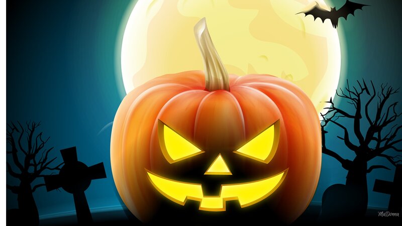 Jack-o'-lantern Pumpkin — Orange, Spooky, Night, Digital Art, Moon, Bat