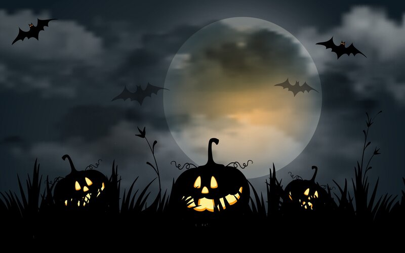 Jack-o'-lanterns in Field — Black, Spooky
