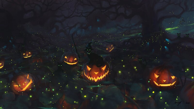 Jack-o'-lanterns in Forest — Black
