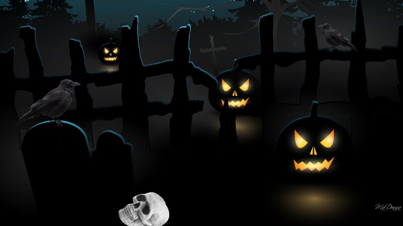 Jack-o'-lanterns in Graveyard — Black, Spooky
