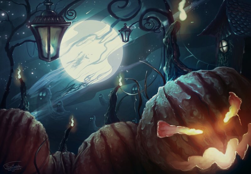Jack-o'-lanterns in Graveyard — Blue