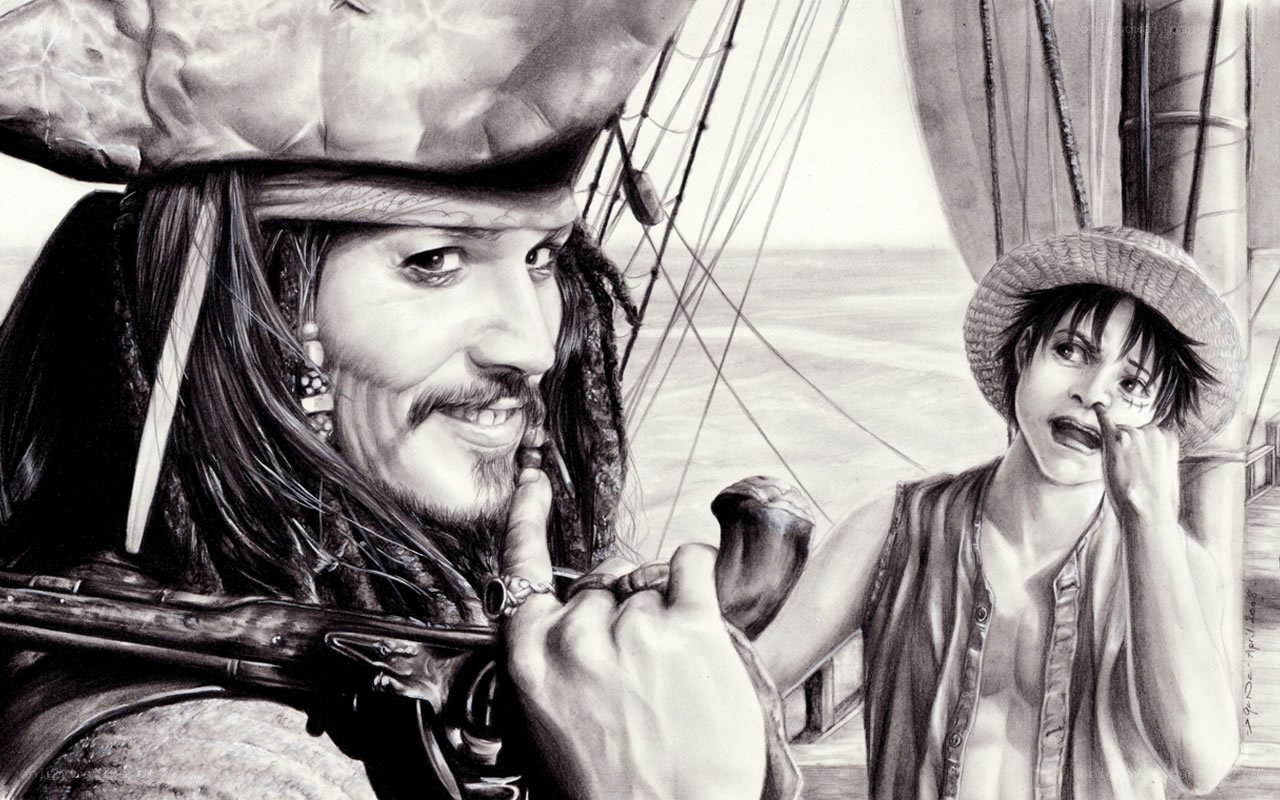 Jack Sparrow and Luffy on a ship