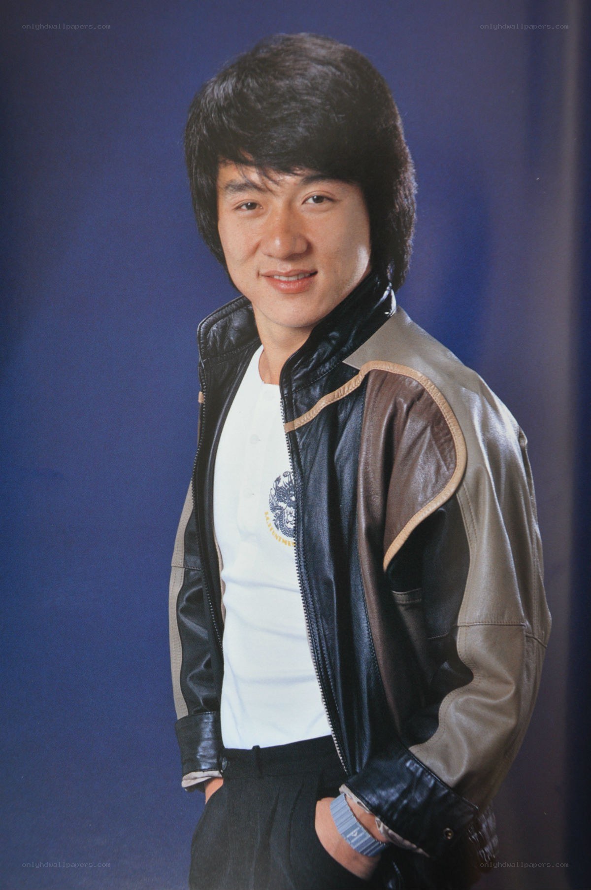 Jackie Chan in leather jacket