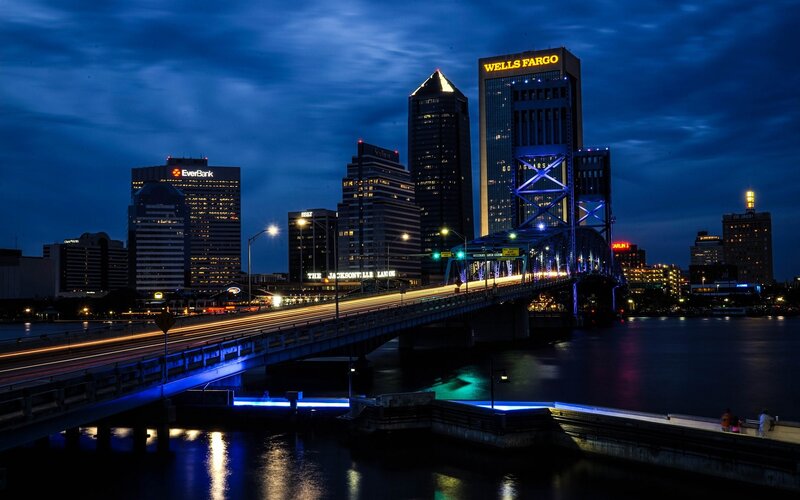 Jacksonville Skyline at Night — Blue, Dramatic, Photograph