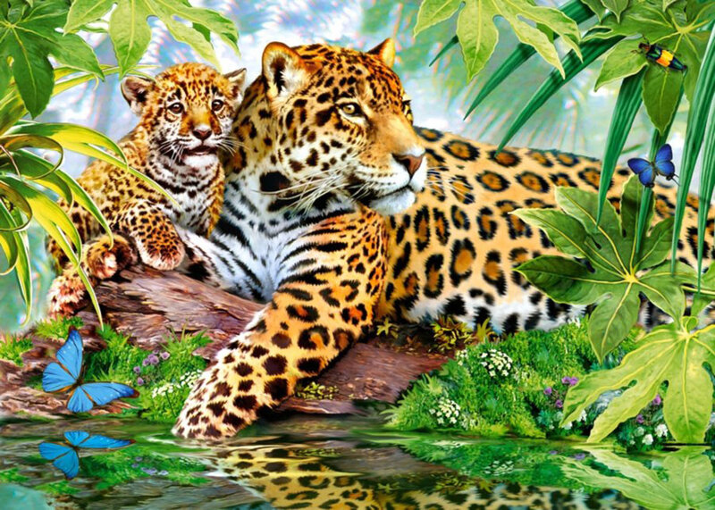 Jaguar and Cub — Green, Serene, Afternoon