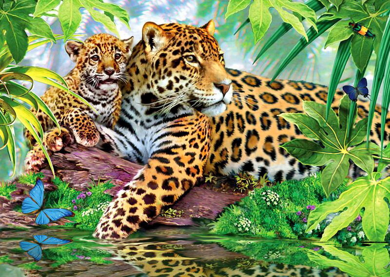 Jaguar and Cub — Green, Serene